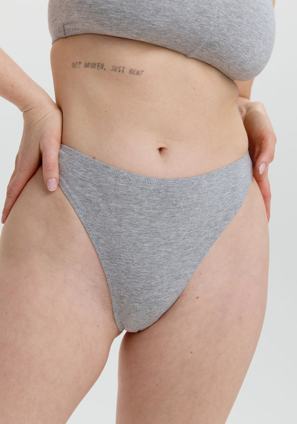 model is wearing an S panty-grey the cotton high leg thong