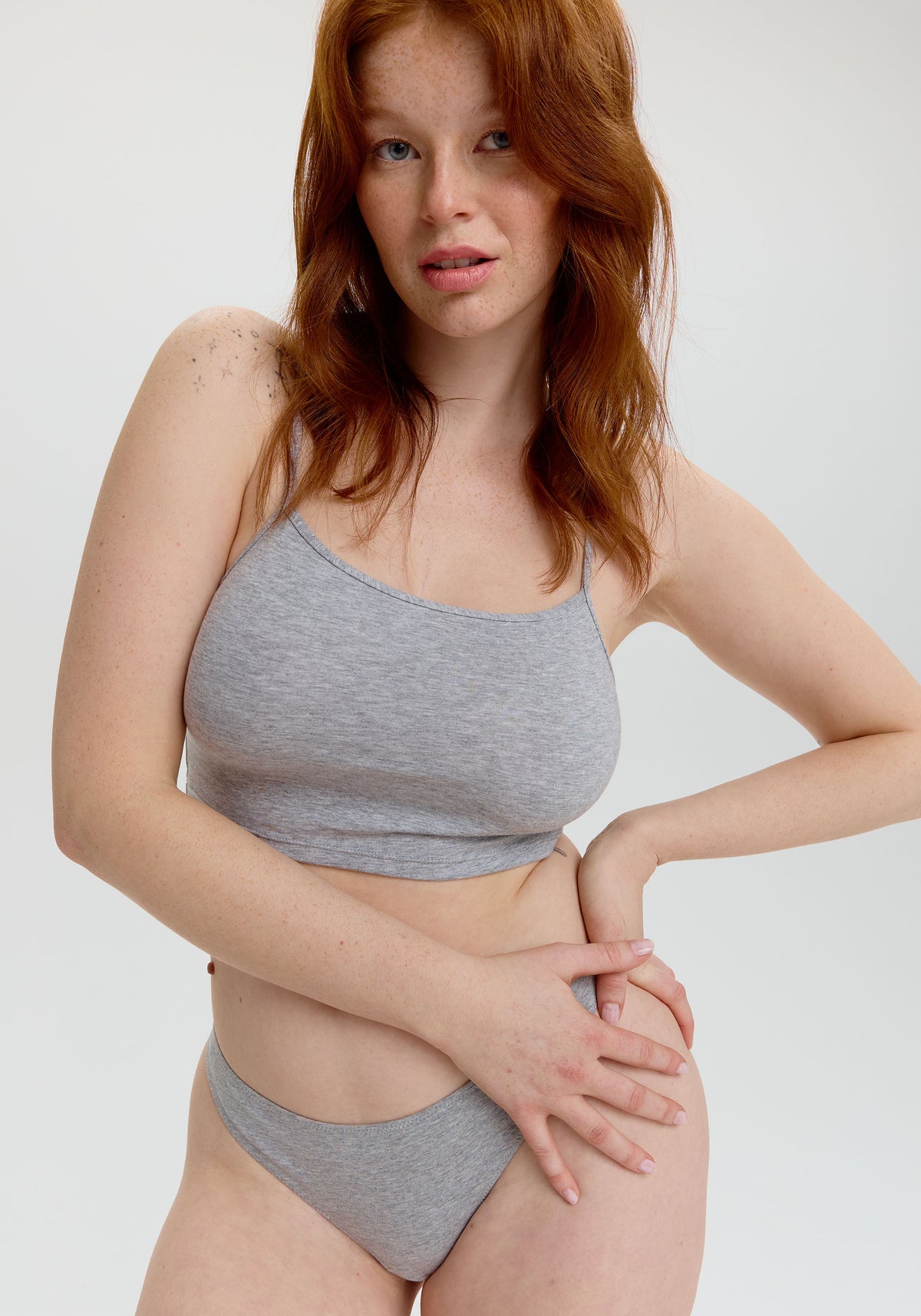 model is wearing an S cami-grey the cotton crop cami