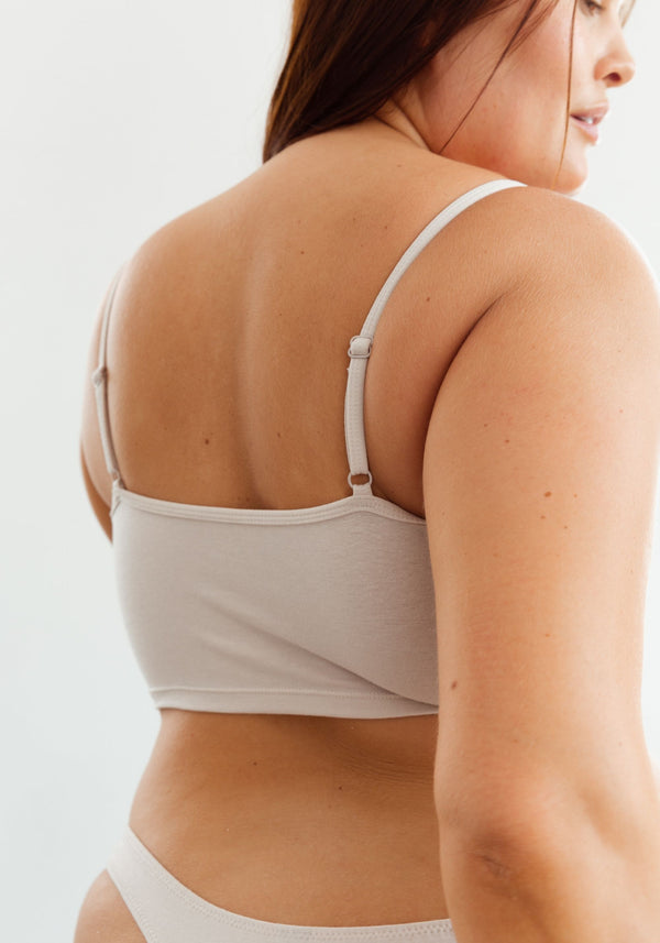 model is wearing an L cami-nude the cotton crop cami