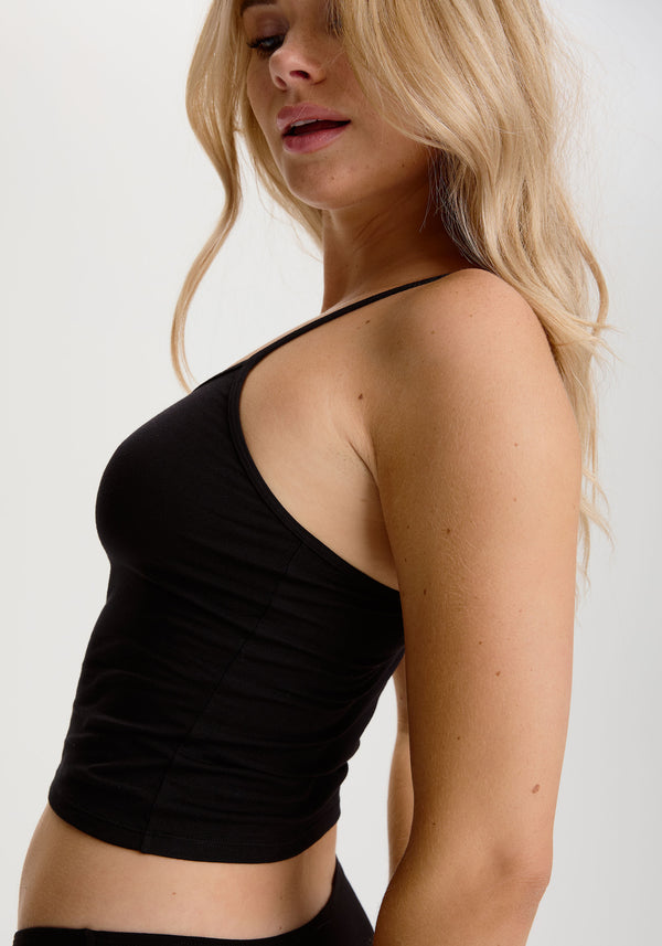 model is wearing an S cami - black the cotton cami