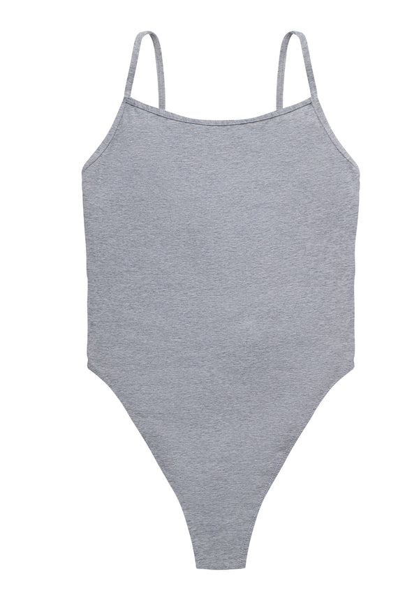 model is wearing an XS bodysuit-grey the cotton bodysuit