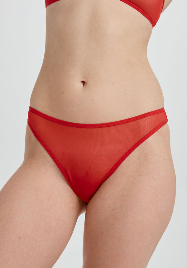 model is wearing an S panty - red the mesh high leg bikini