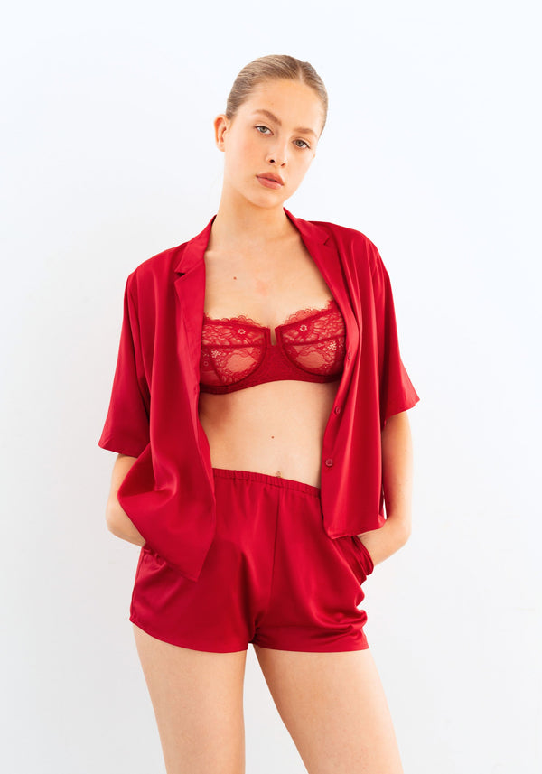 model is wearing an S top-red after hours satin top