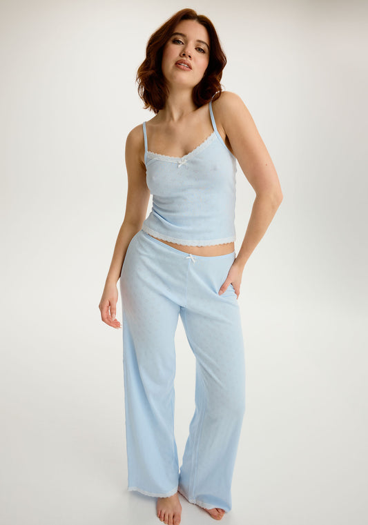 model is wearing an S cami - blue cherish cami
