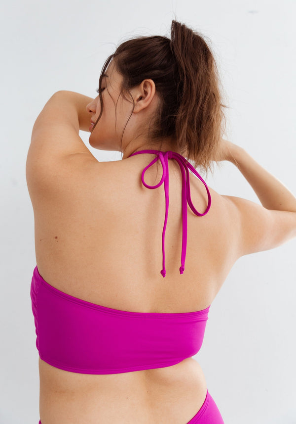 model is wearing an M one-piece swimsuit-pink,purple palm bandeau one-piece swimsuit