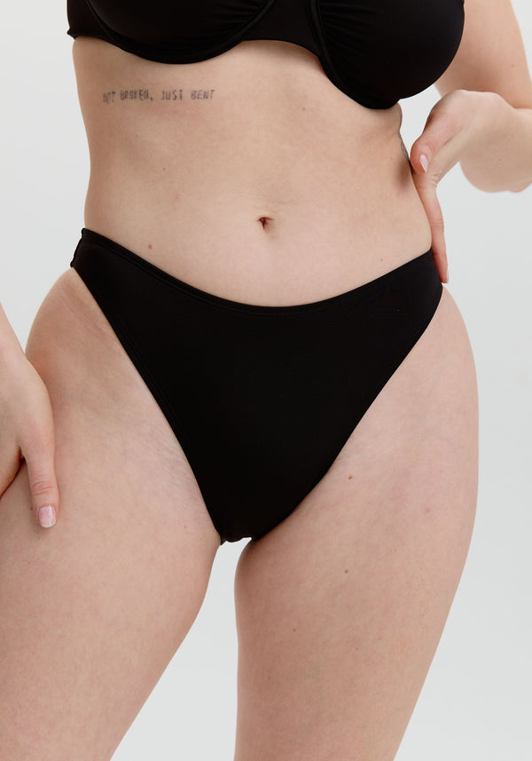 model is wearing an S bikini bottom - black capri high leg bikini bottom