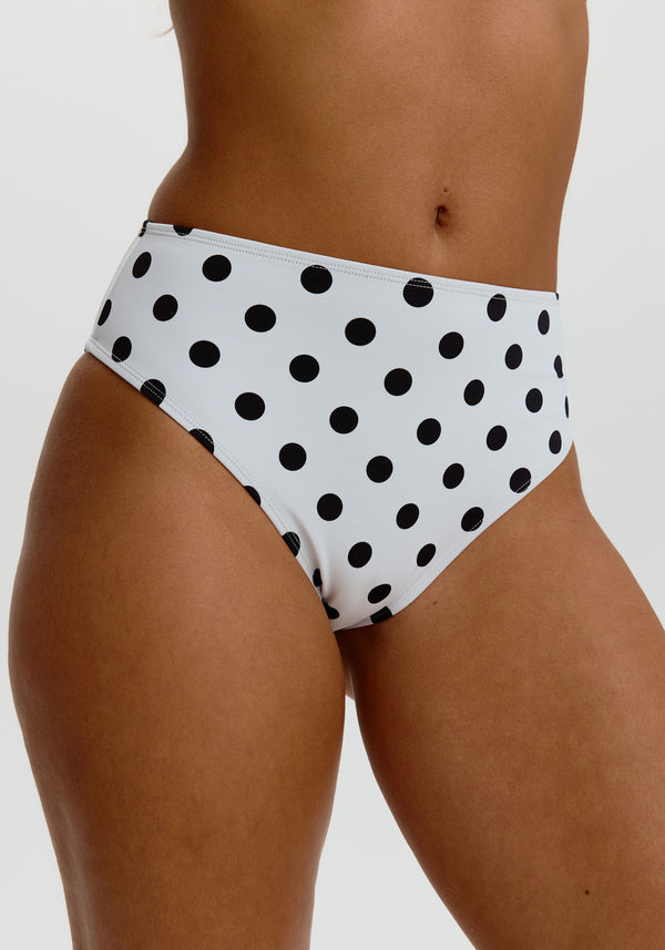 model is wearing an S bikini bottom - multi,white drift high waist bikini bottom