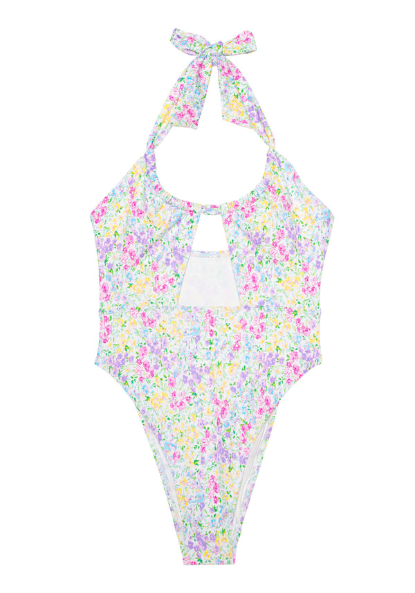 model is wearing an S one-piece swimsuit - multi breeze scoop one-piece swimsuit