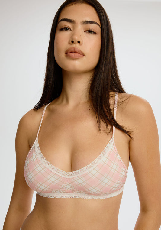 model is wearing an S bralette - multi,pink the micro lace trim bralette