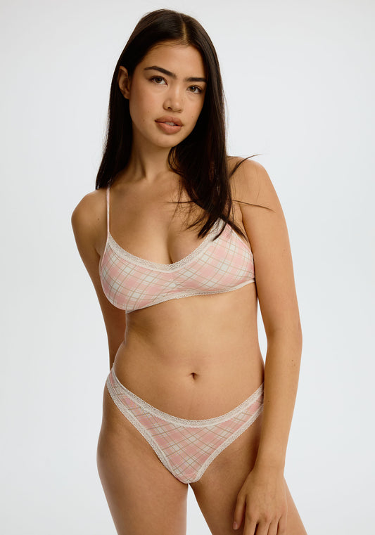 model is wearing an S bralette - multi,pink the micro lace trim bralette