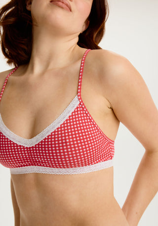 model is wearing an S bralette - multi,red the micro lace trim bralette