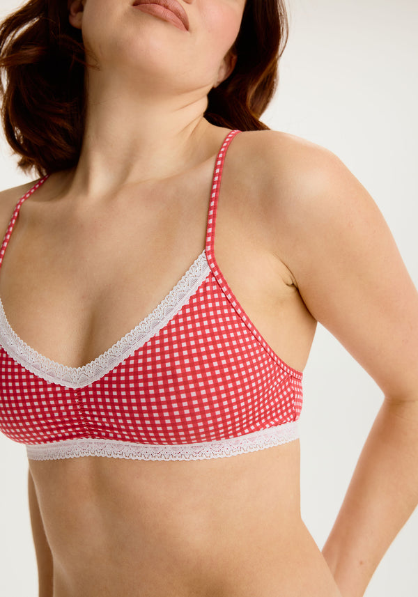 model is wearing an S bralette - multi,red the micro lace trim bralette