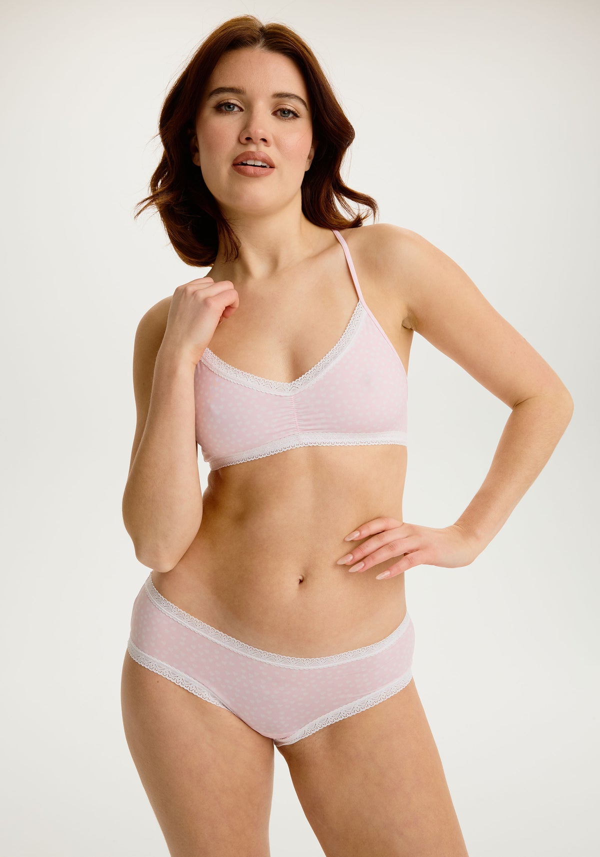 model is wearing an S panty - multi,pink the micro lace trim hipster