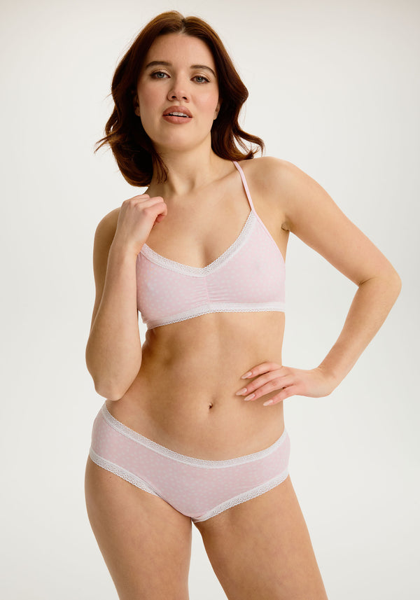model is wearing an S panty - multi,pink the micro lace trim hipster