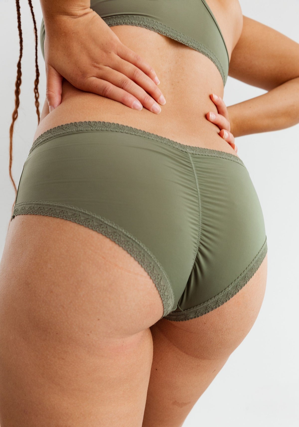 model is wearing an M panty-green the micro lace trim hipster