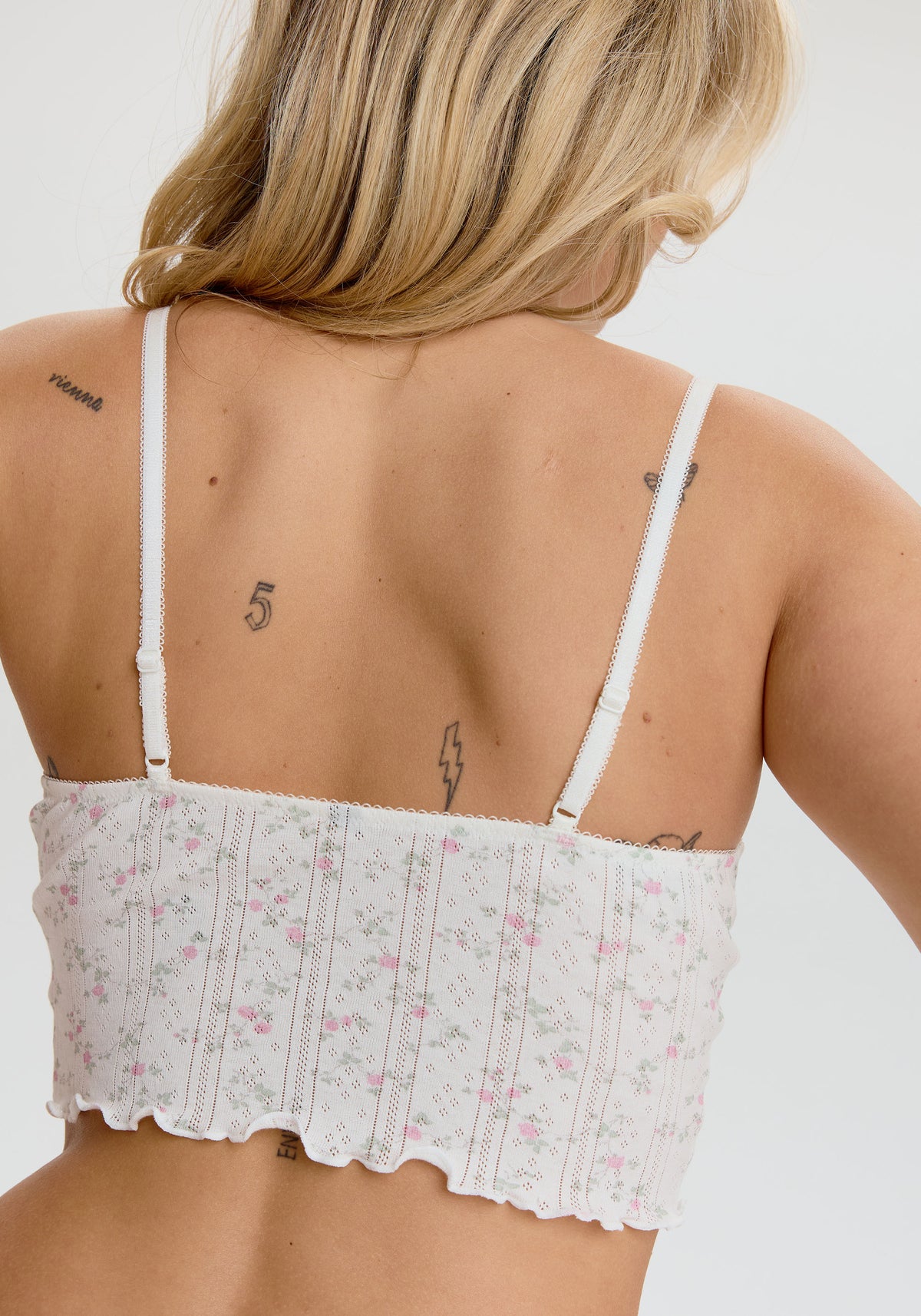 model is wearing an S cami - multi,white dream cotton pointelle crop cami