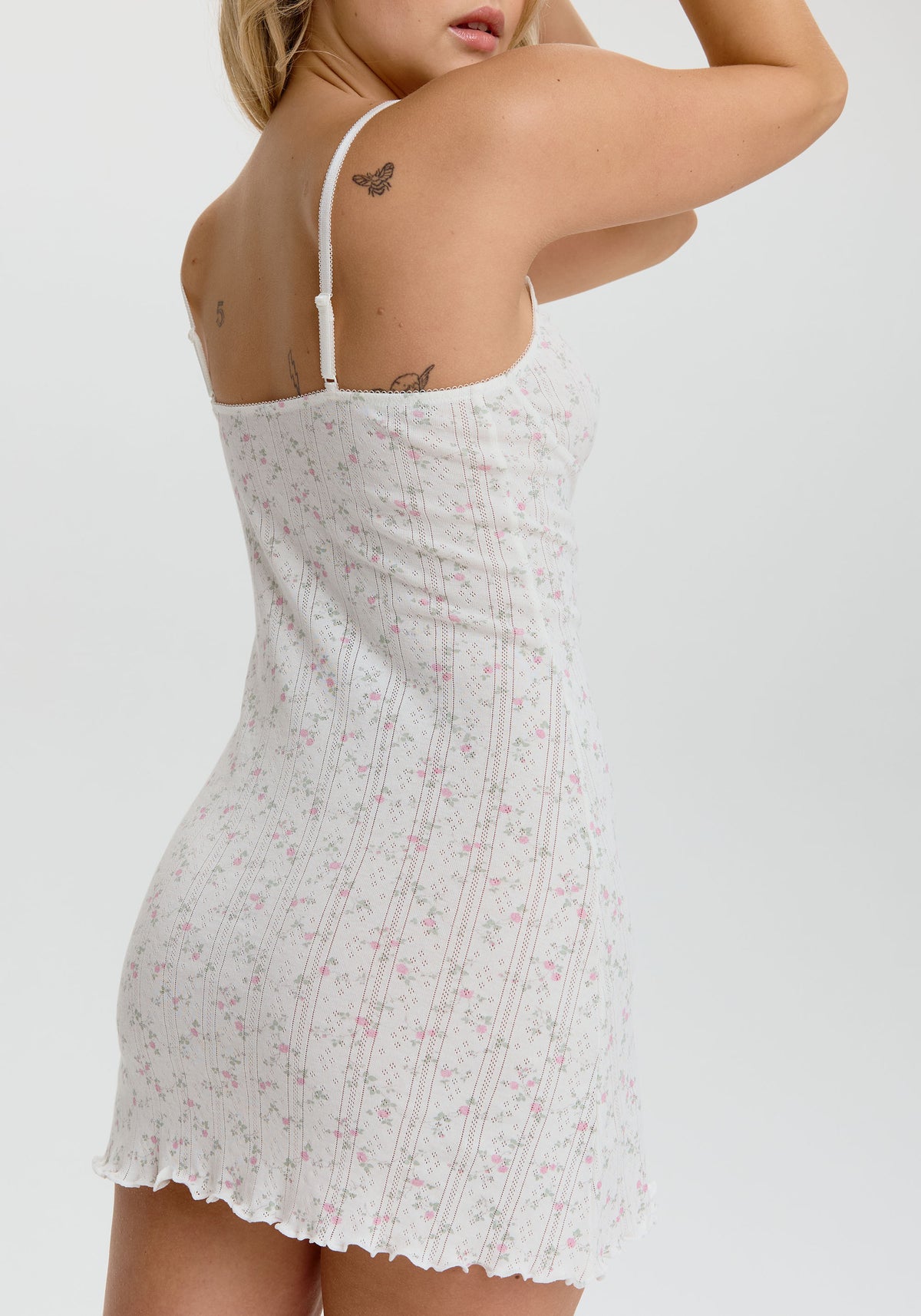 model is wearing an S slip - multi,white dream cotton pointelle slip