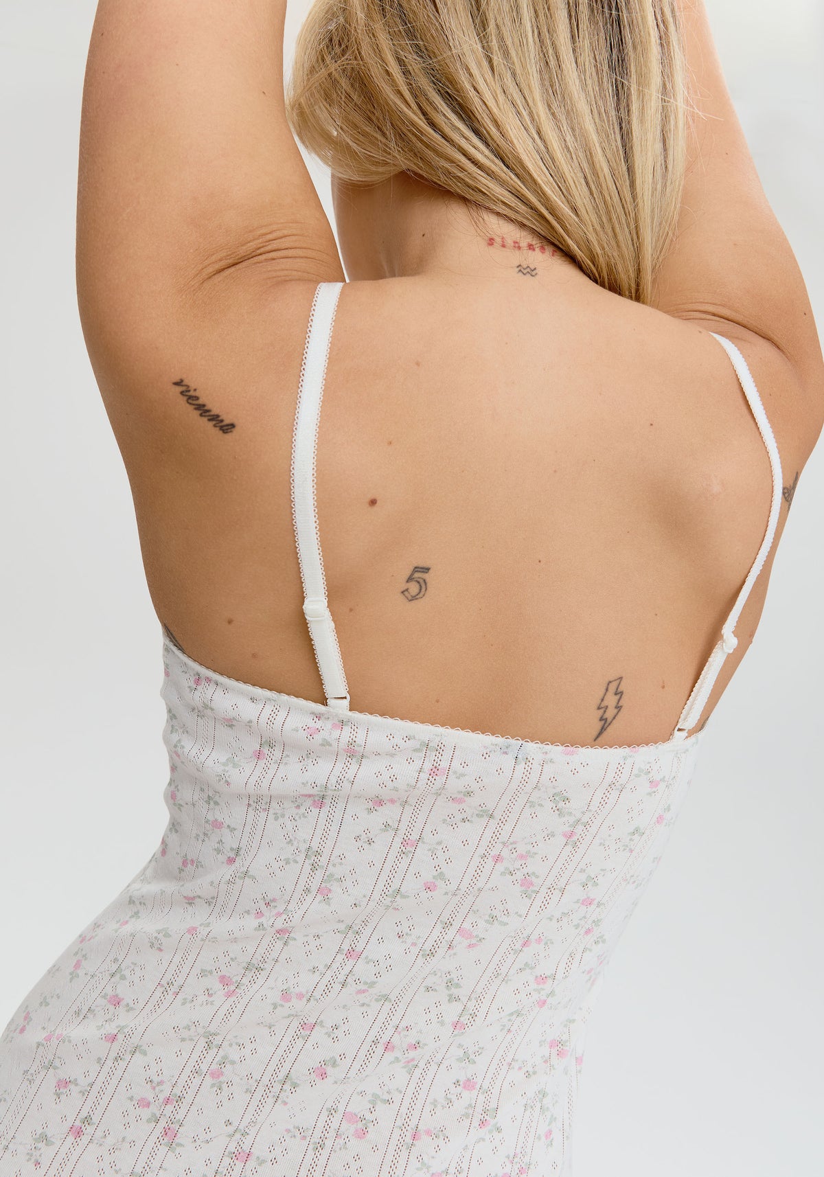 model is wearing an S slip - multi,white dream cotton pointelle slip