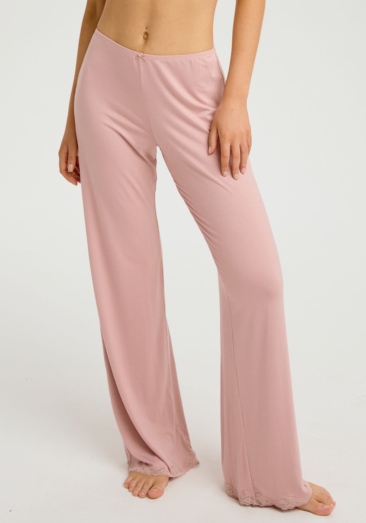 model is wearing an XS pant - pink whisper bamboo pant