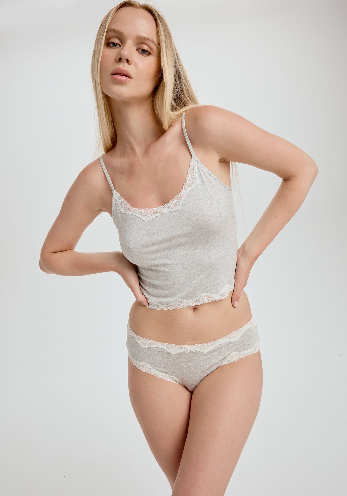 model is wearing an S cami - grey whisper bamboo cami
