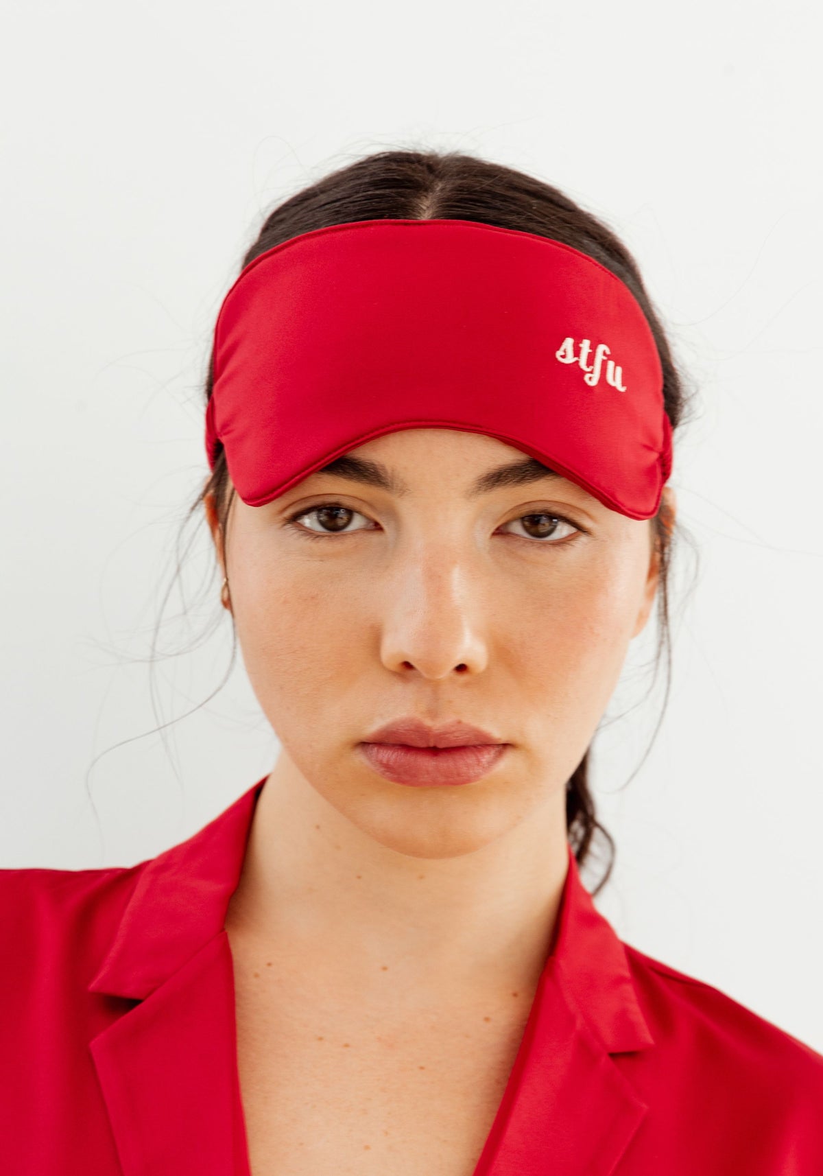 model is wearing an O/S sleep mask-red play sleep mask