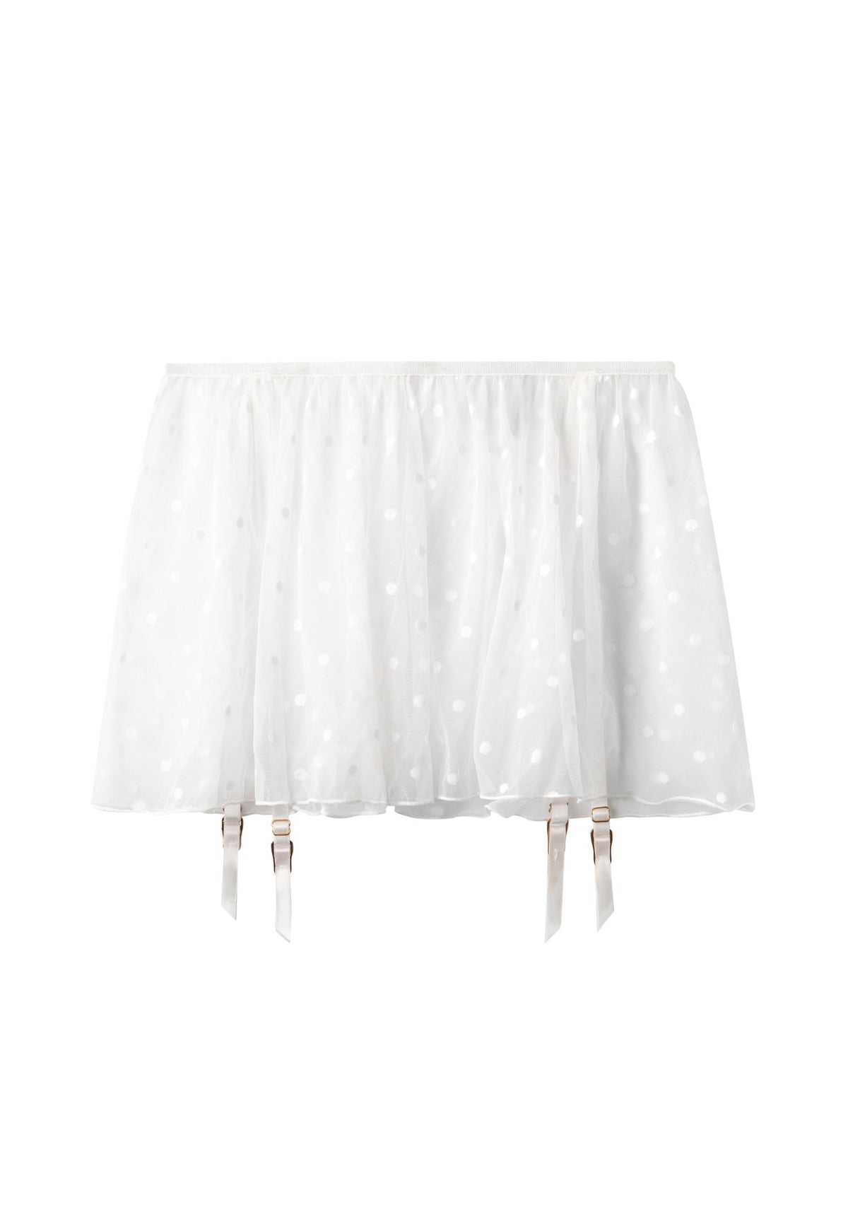 model is wearing an S/M garter belt-white coquette garter belt