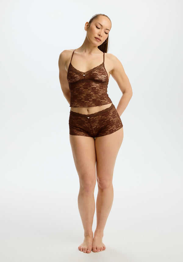 model is wearing an M short - brown the lace rosette short