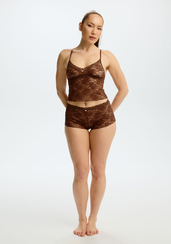 model is wearing an S cami - brown the lace rosette cami