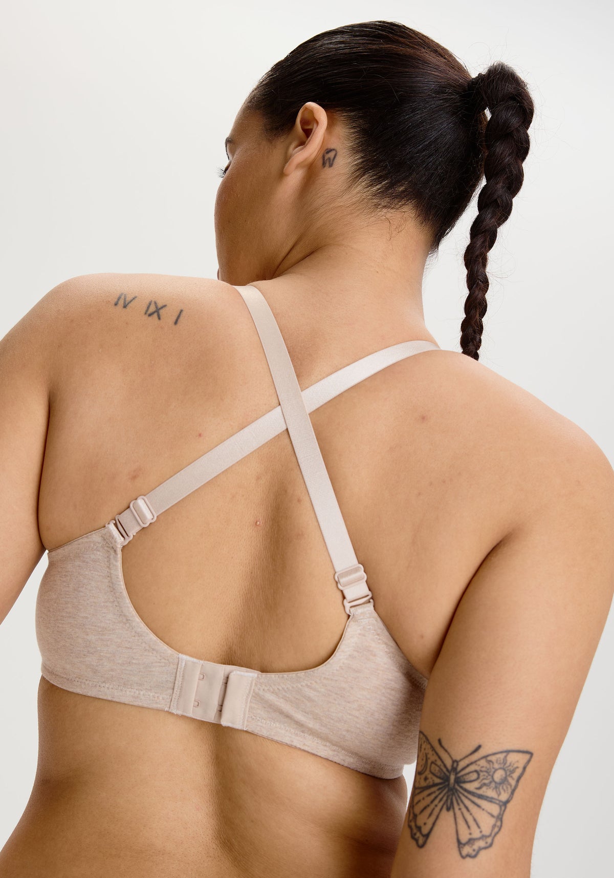 model is wearing a 34D bra - nude the cotton unlined molded bra