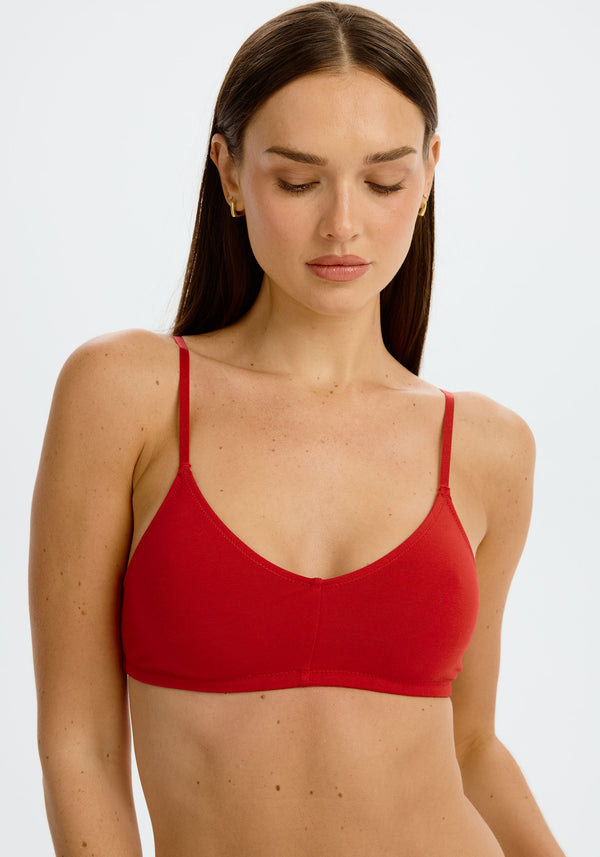 model is wearing an M bralette - red the cotton bralette