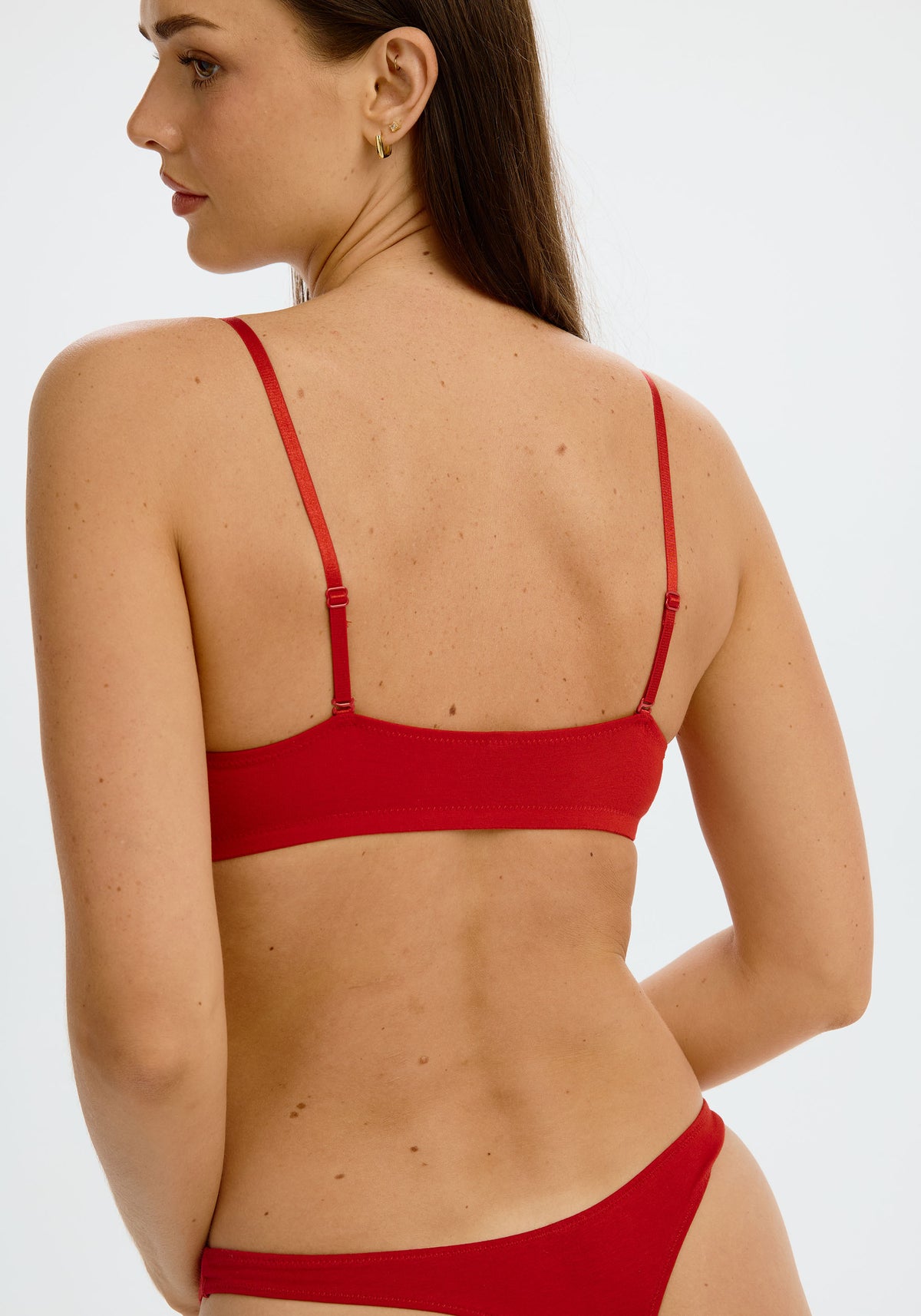 model is wearing an M bralette - red the cotton bralette