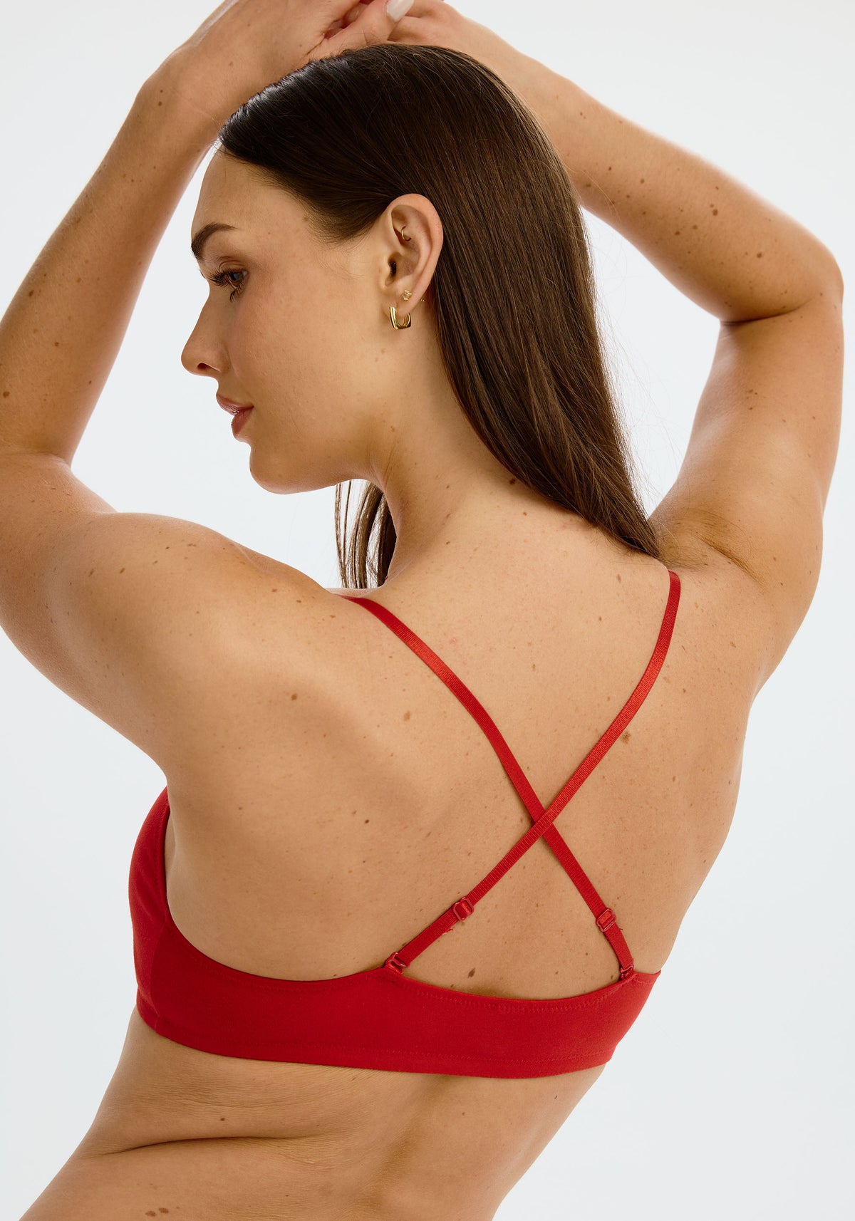 model is wearing an M bralette - red the cotton bralette