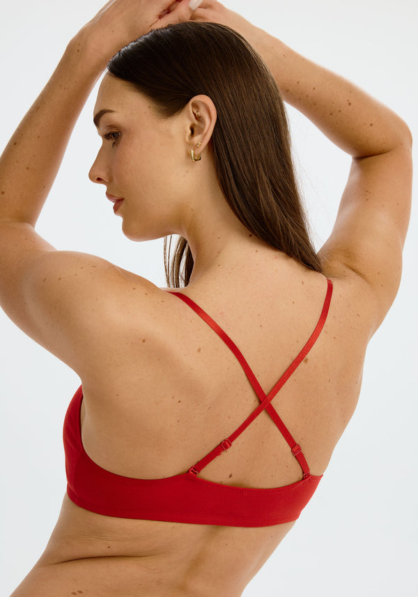 model is wearing an M bralette - red the cotton bralette