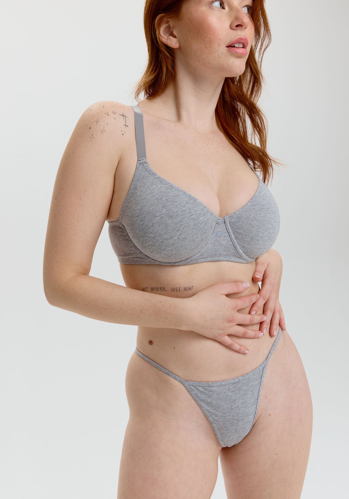 model is wearing an S panty-grey the cotton string