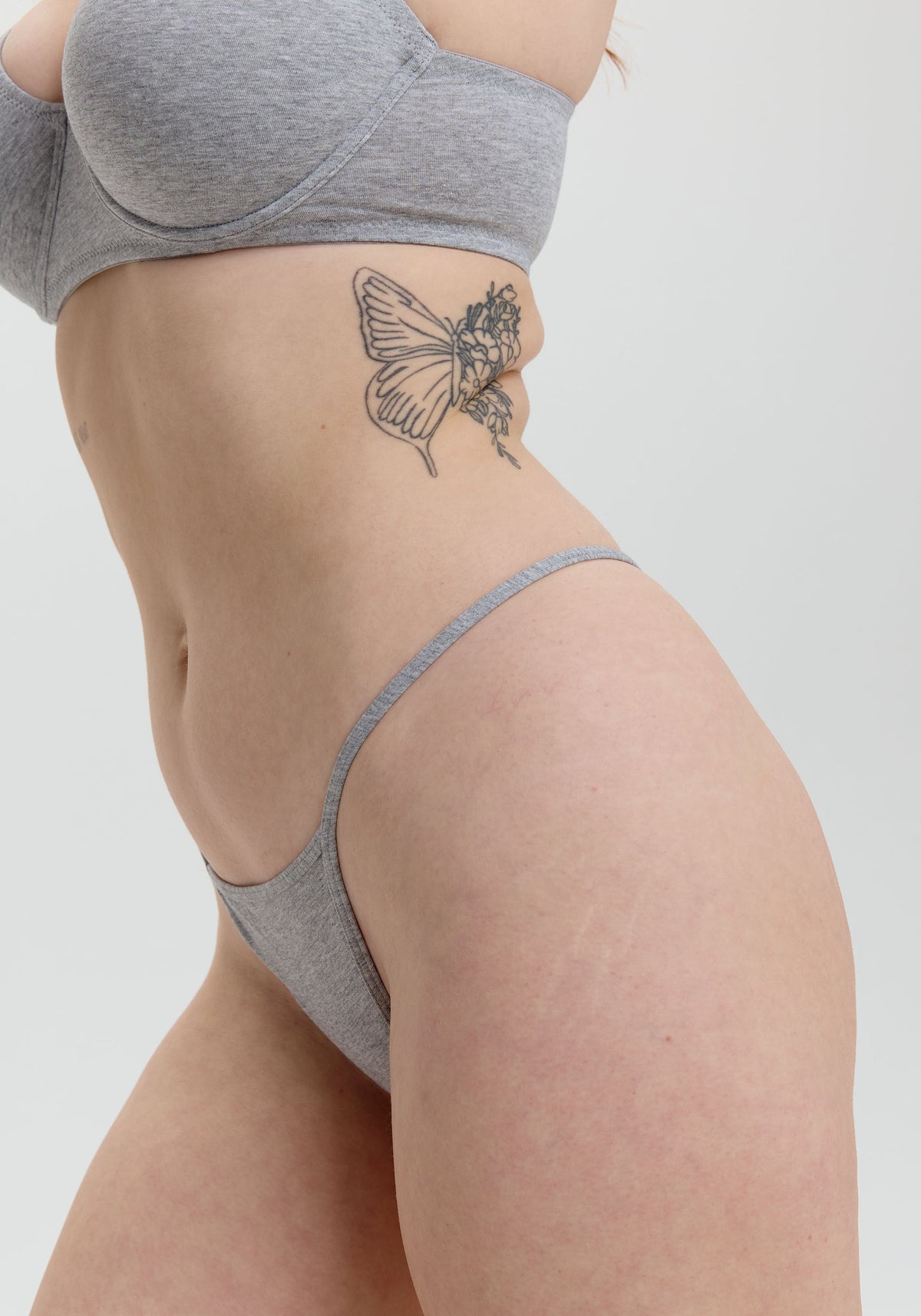 model is wearing an S panty-grey the cotton string