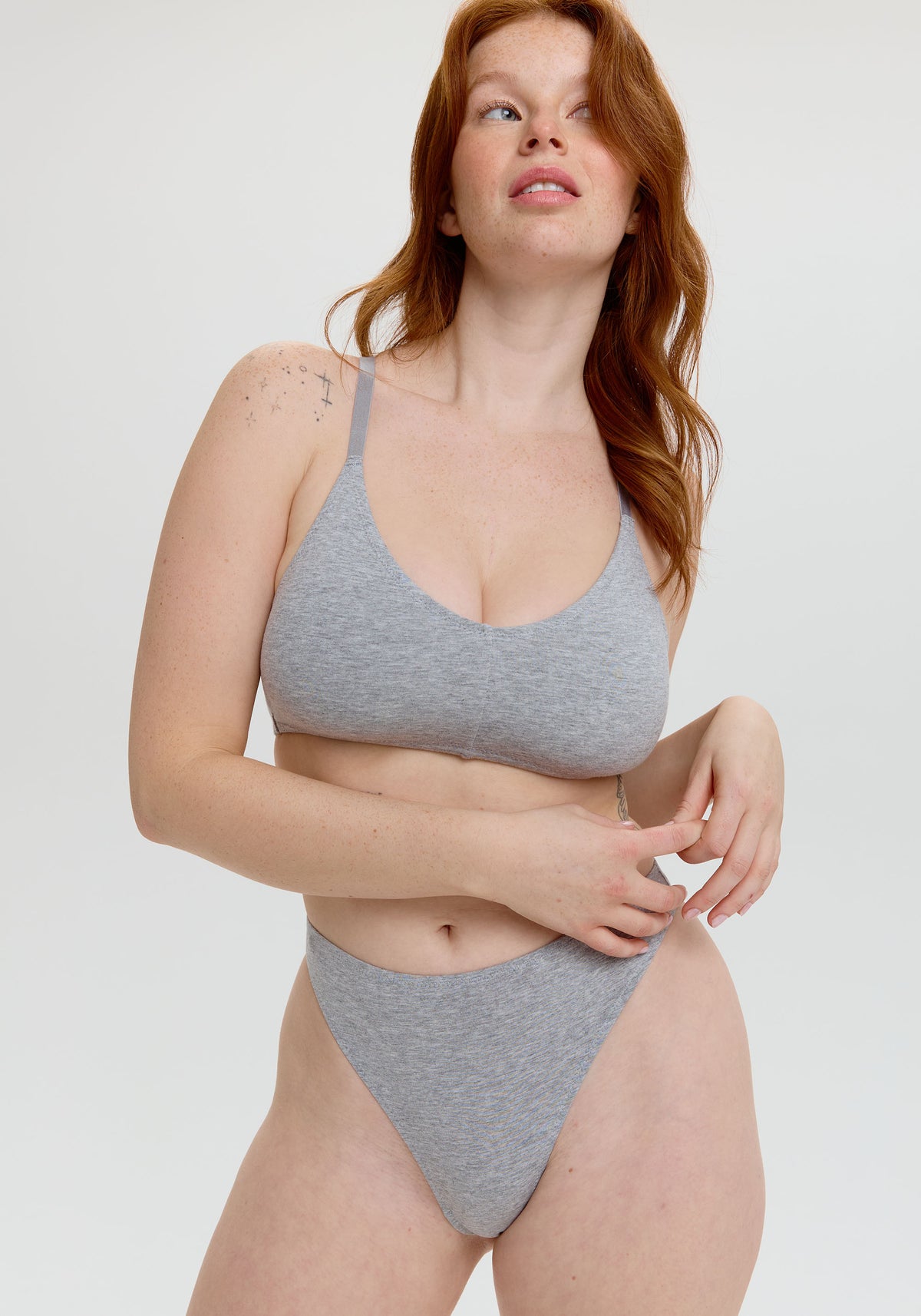 model is wearing an S panty-grey the cotton high leg thong