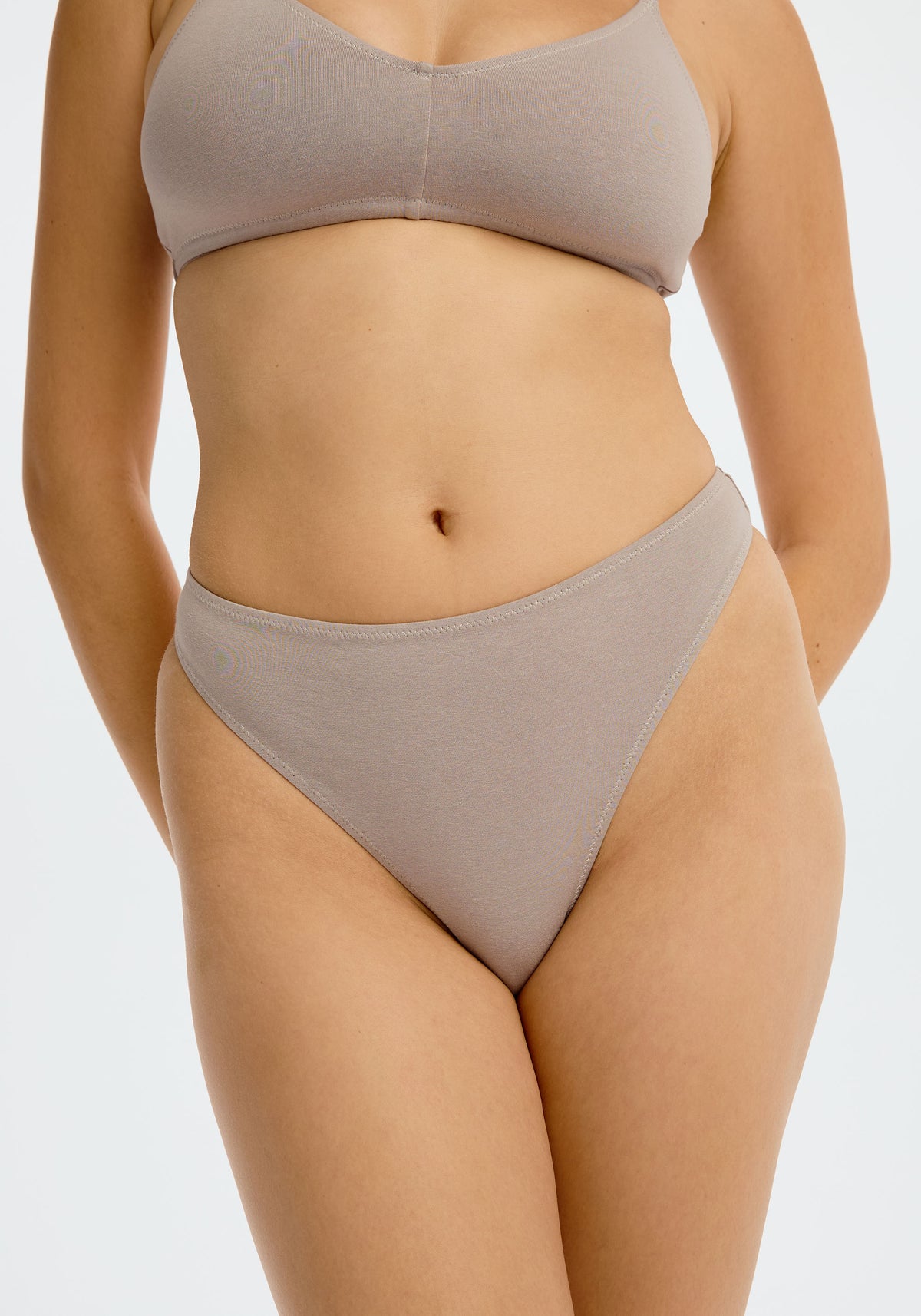 model is wearing an S panty - grey the cotton high leg thong