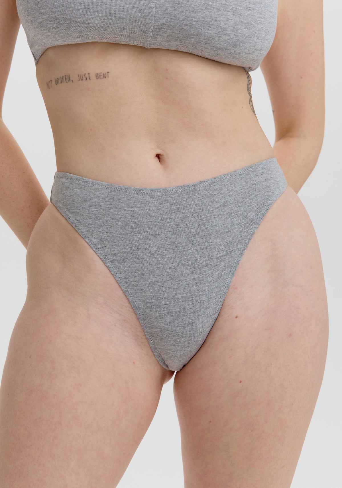 model is wearing an S panty-grey the cotton high leg bikini