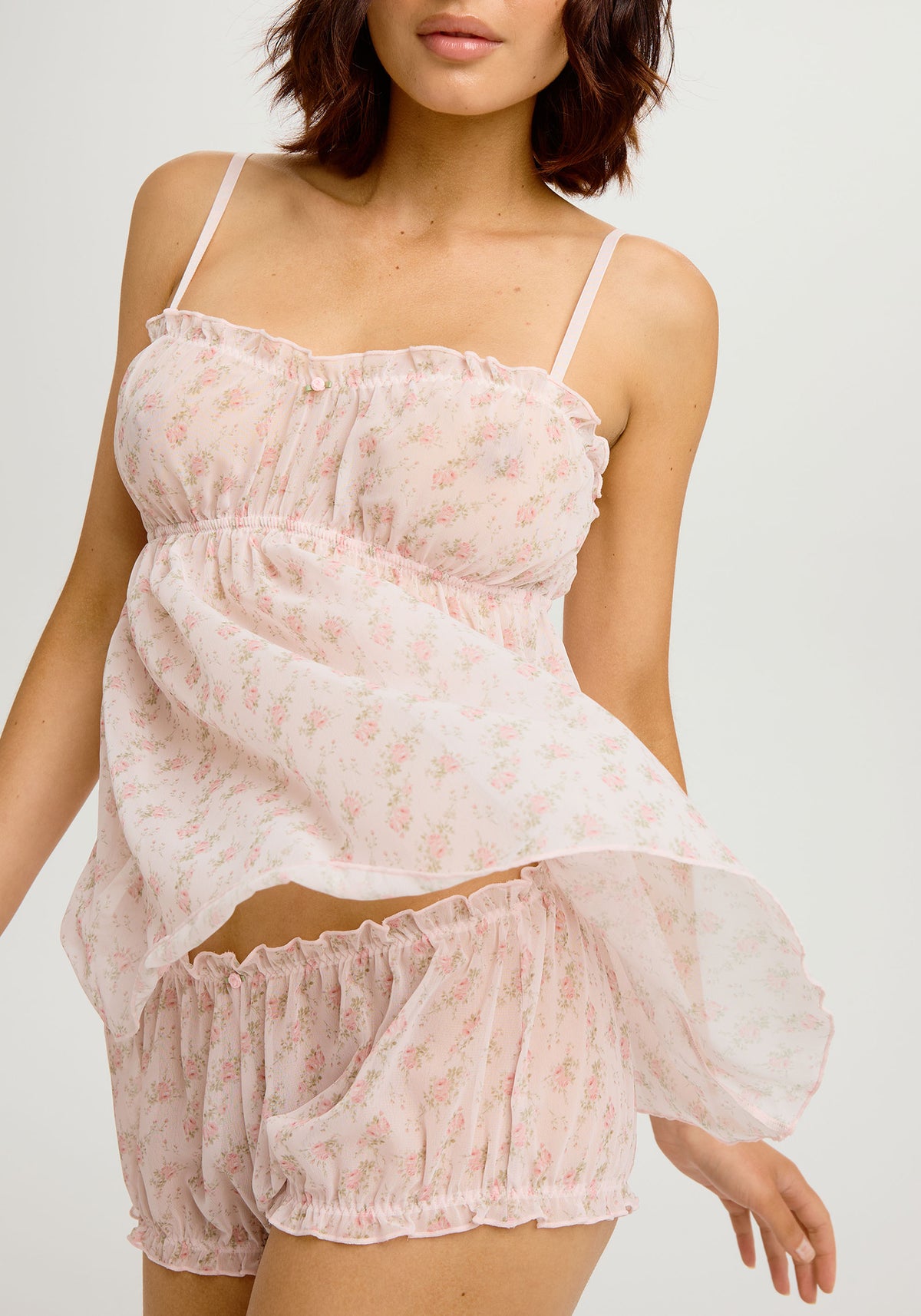 model is wearing an XS slip - multi,pink willow babydoll