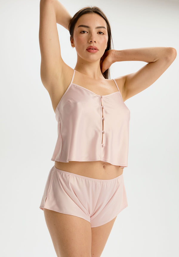 model is wearing an S short - pink dulcie short