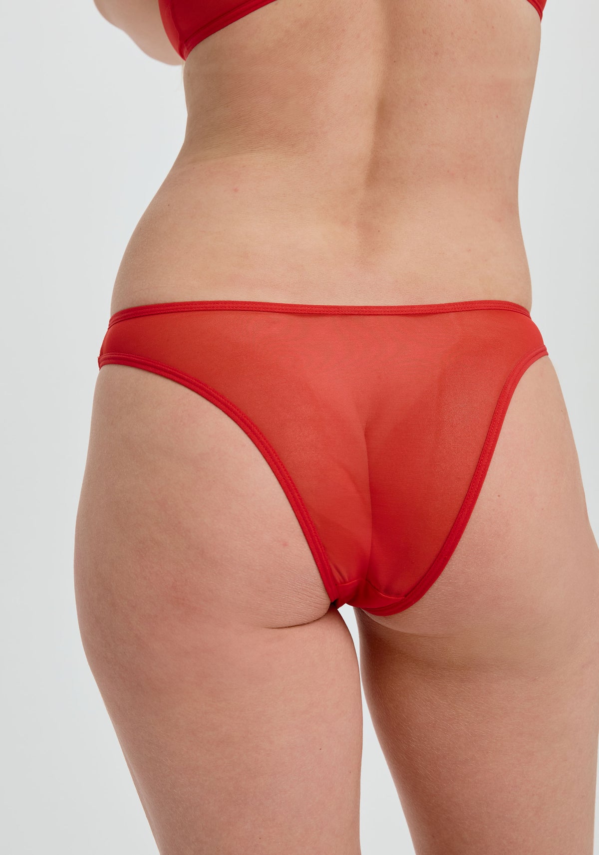 model is wearing an S panty - red the mesh high leg bikini