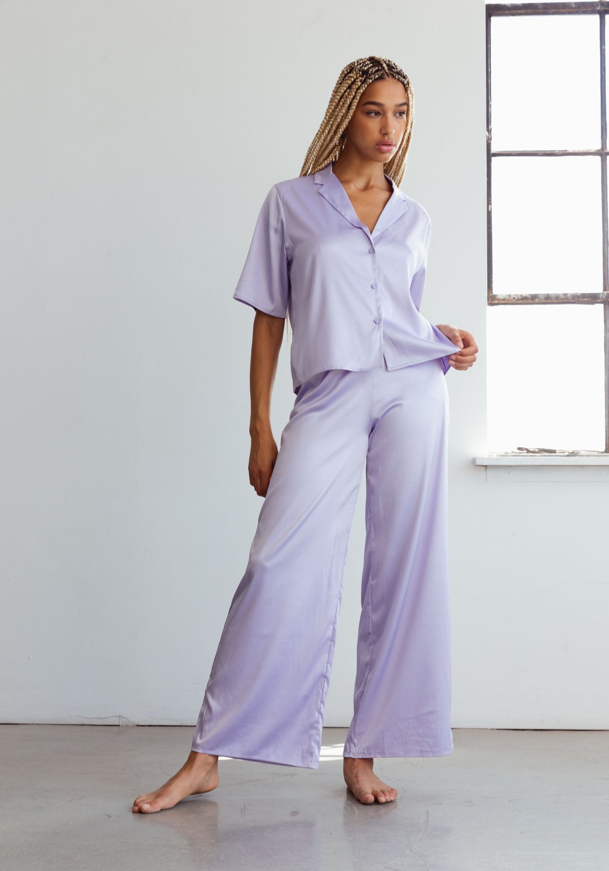 model is wearing an M pant-purple after hours satin pant