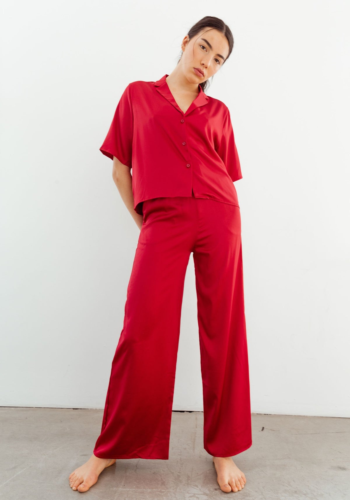 model is wearing an S pant-red after hours satin pant