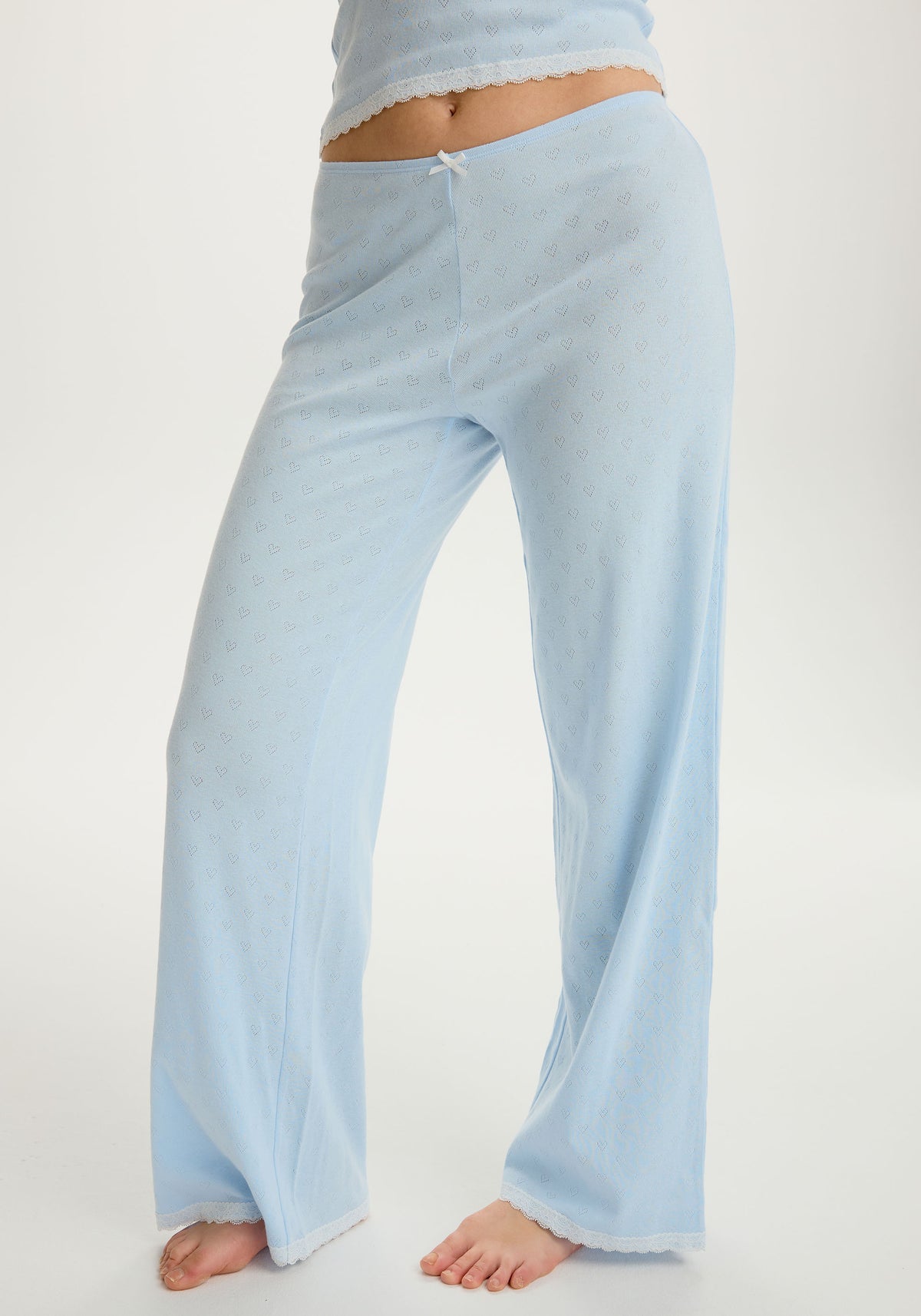 model is wearing an S pant - blue cherish pant