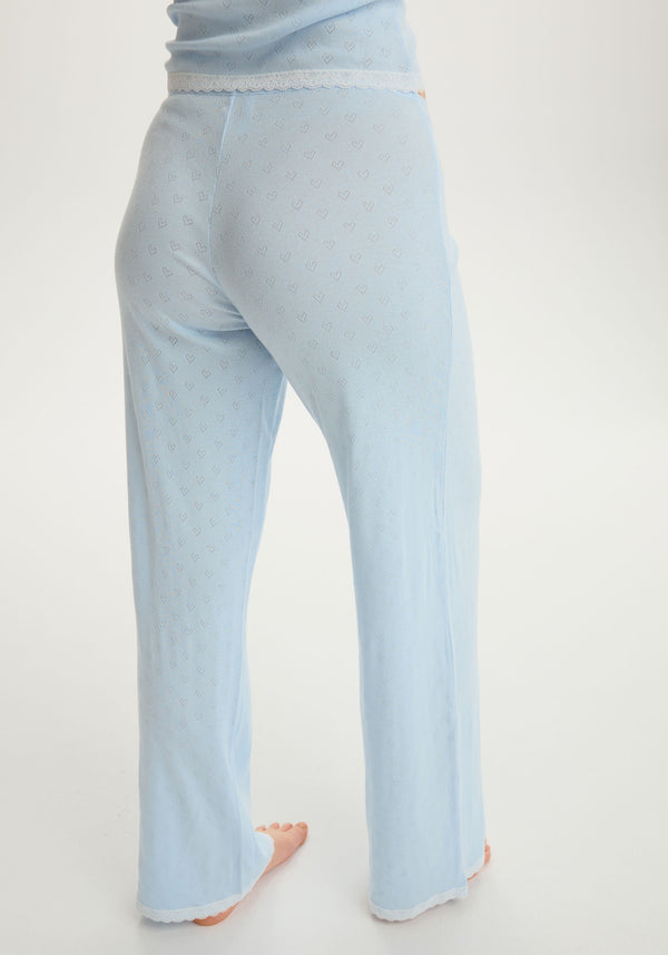 model is wearing an S pant - blue cherish pant