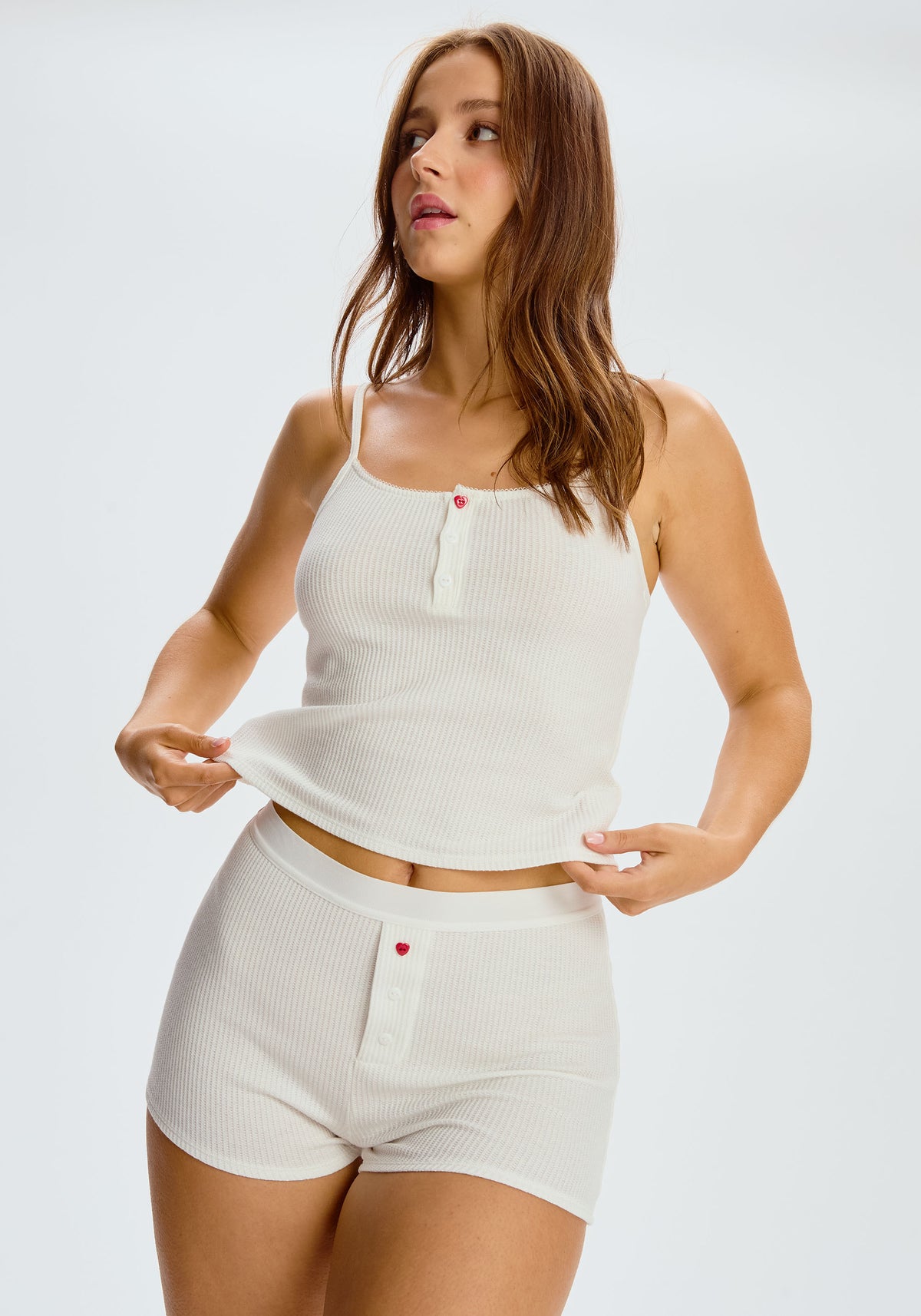 model is wearing an S cami-white slumber cami