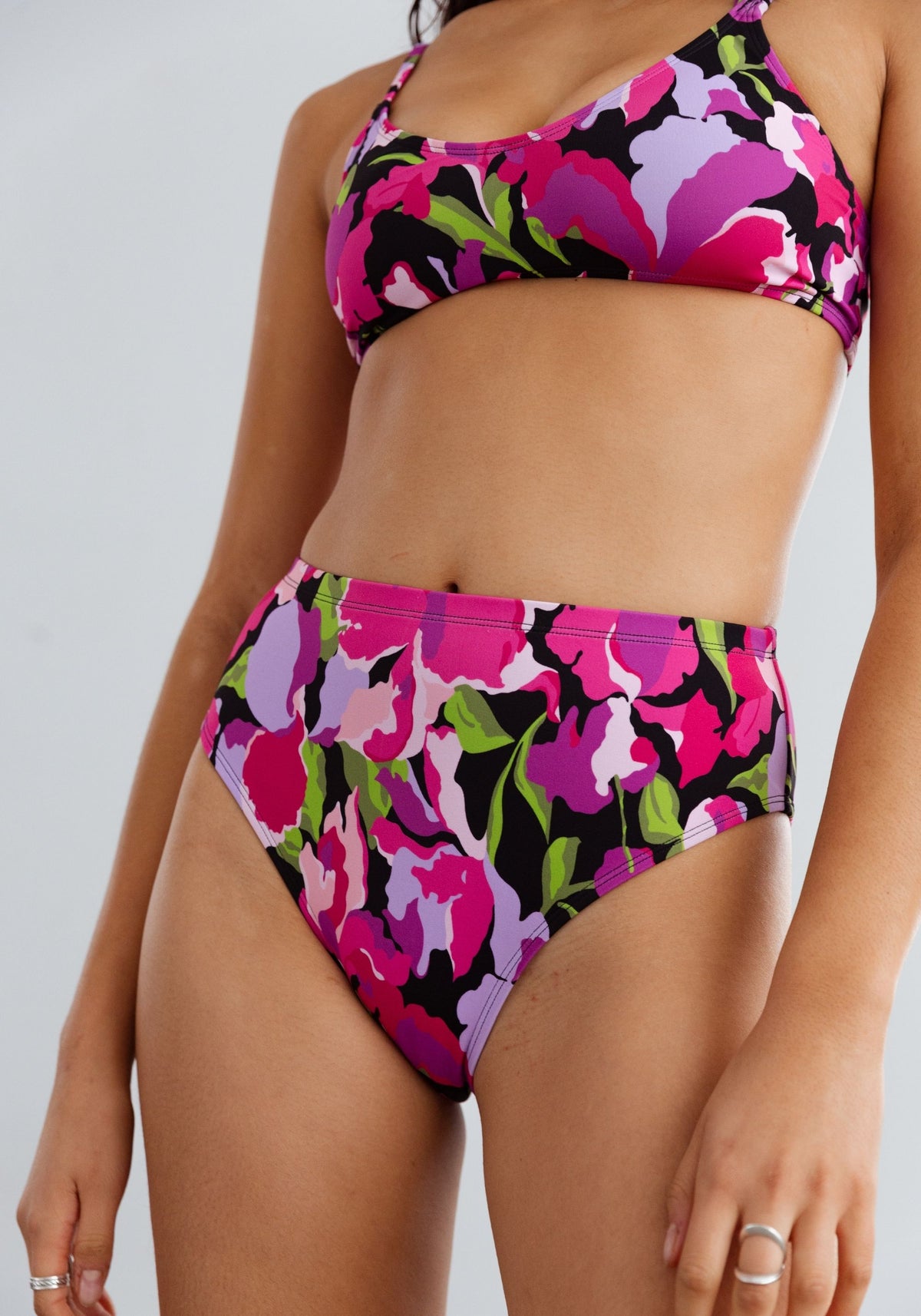 model is wearing an S bikini bottom-multi mirage high waist bikini bottom