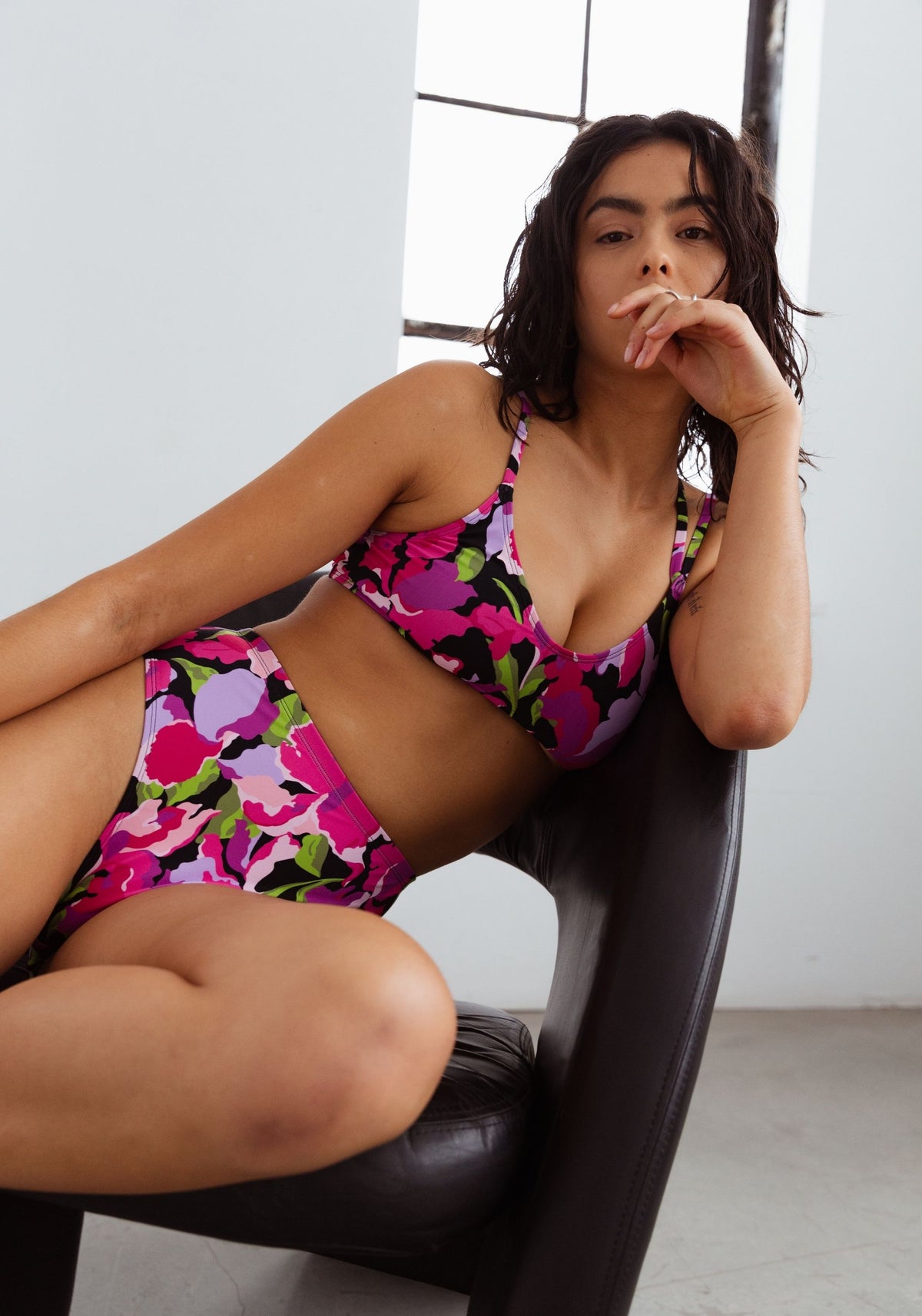 model is wearing an S bikini bottom-multi mirage high waist bikini bottom