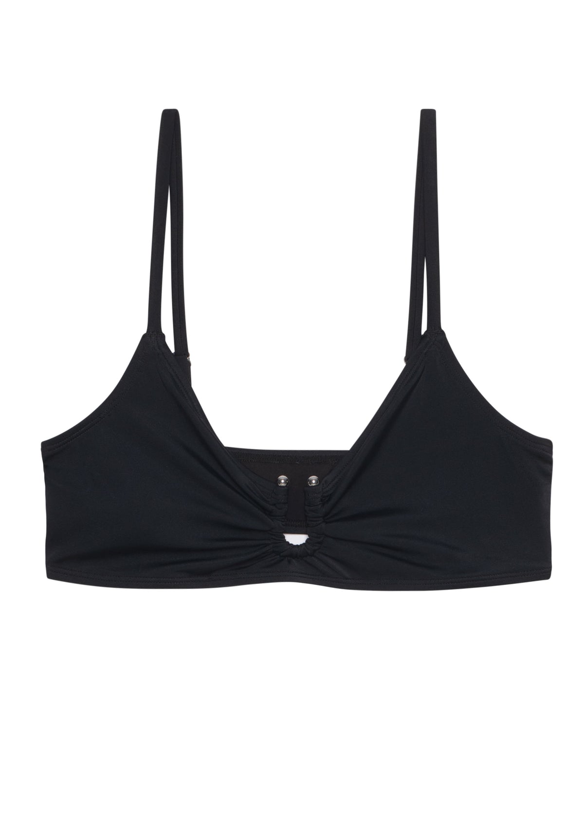 model is wearing an M+ bikini top-black solstice v-scoop bikini top