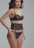 model is wearing an XS garter belt - black violine garter belt